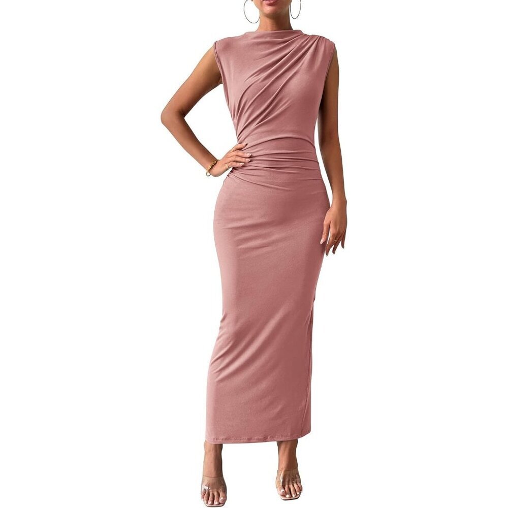 Women's Pink Ruched Bodycon Summer Casual Sleeveless Slit Elegant Maxi
